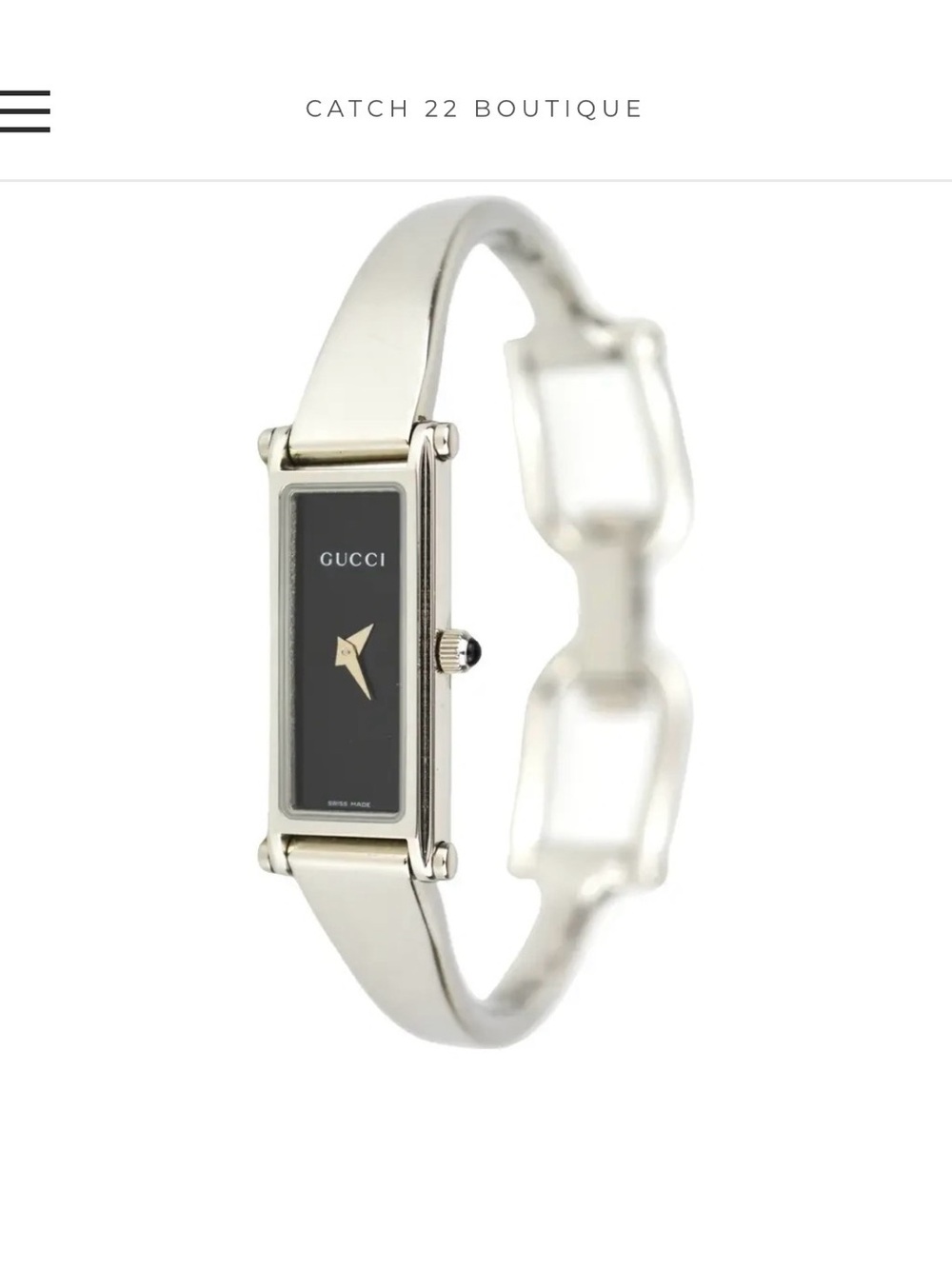 Gucci Silver-Tone Bangle Watch with Black Rectangular Dial